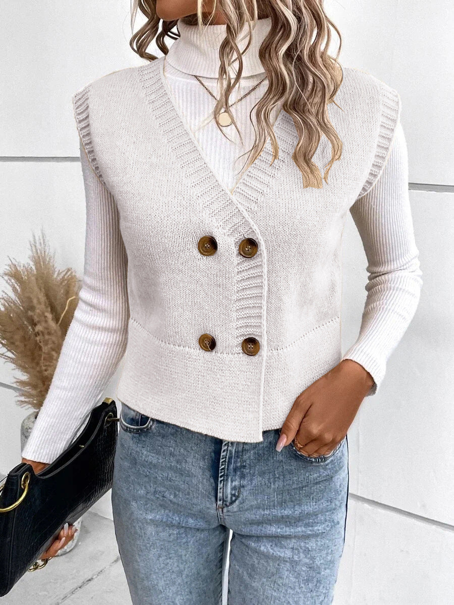 Damen Strickweste mit doppelter Knopfleiste und stylischem V-Ausschnitt ModeGeist