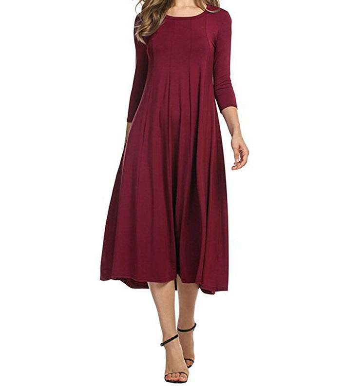 Schwingendes Damen-Midi-Kleid mit lässigen ¾-Ärmeln - Elegantes Design