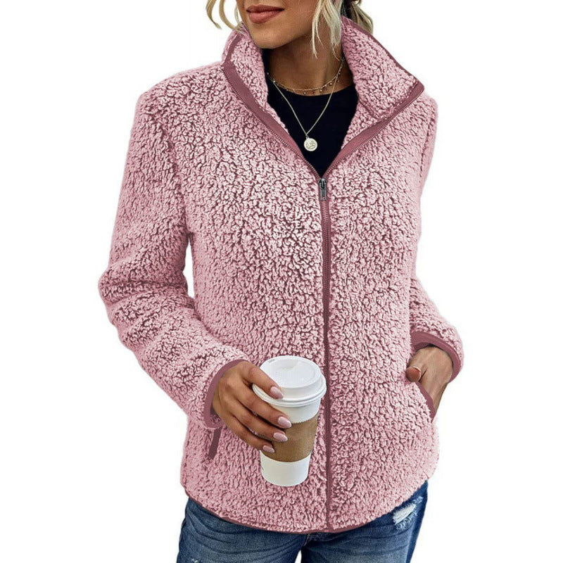 Damen flauschige Fleecejacke mit hohem Kragen und seitlichen Taschen ModeGeist