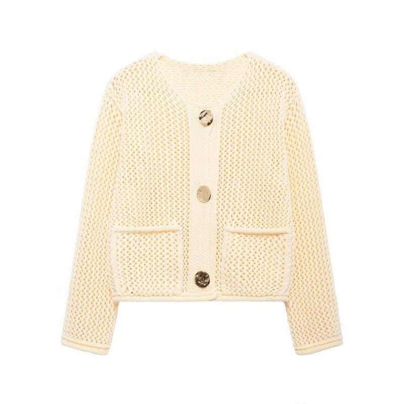 Damen luftige Strickjacke mit durchbrochenem Muster und praktischen Taschen ModeGeist