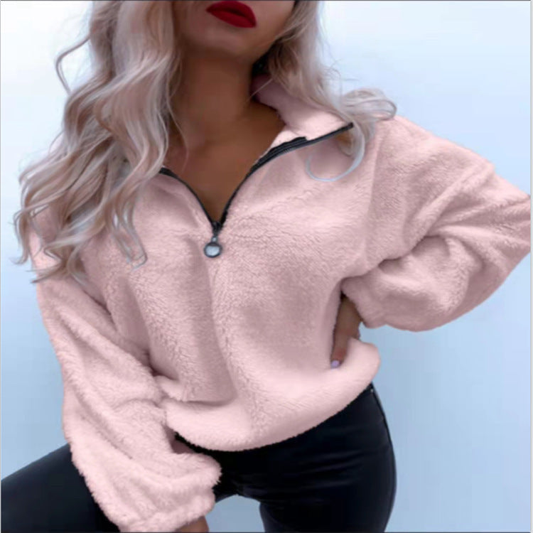 Modischer Damen-Fleecepullover mit kurzem Reißverschluss und weichem Teddyfleece