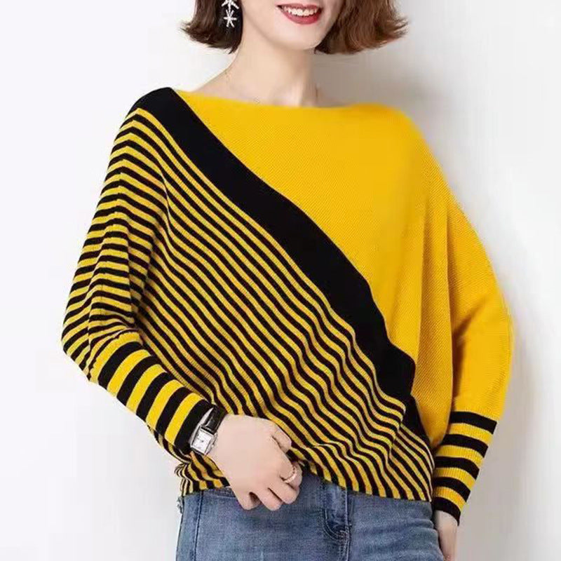 Damen modischer Strickpullover mit asymmetrischem Schnitt und grafischem Streifenmuster ModeGeist