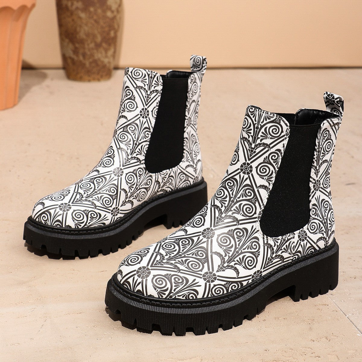 Damen Chelsea-Stiefel mit kreativem Musterdruck und rutschfester Sohle ModeGeist