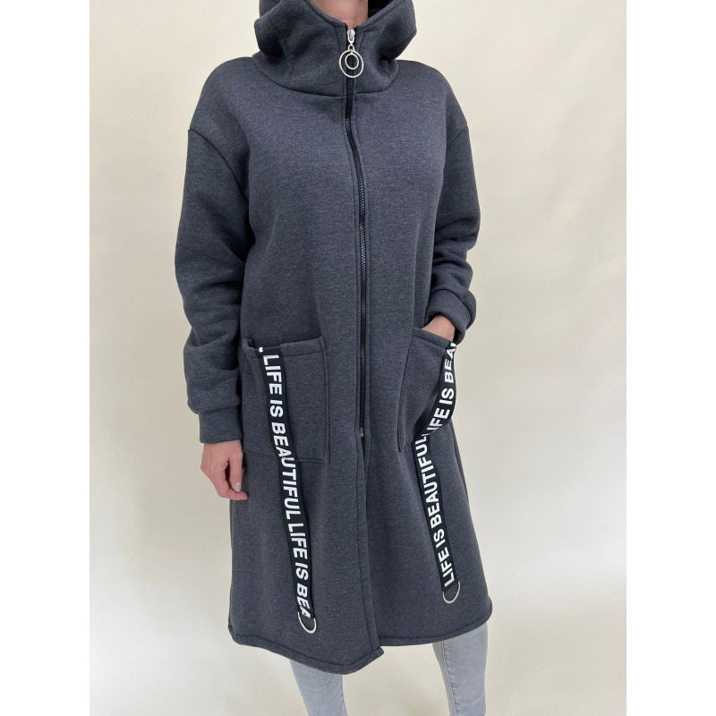ModeGeist | Taschen Design Hoher Kragen Lange Kapuzen Sweatshirtjacke