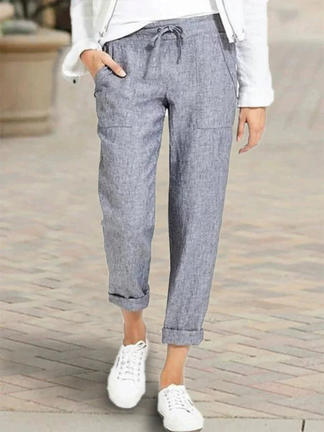 Damen entspannte Leinenhose mit elastischem Bund und praktischen Taschen ModeGeist