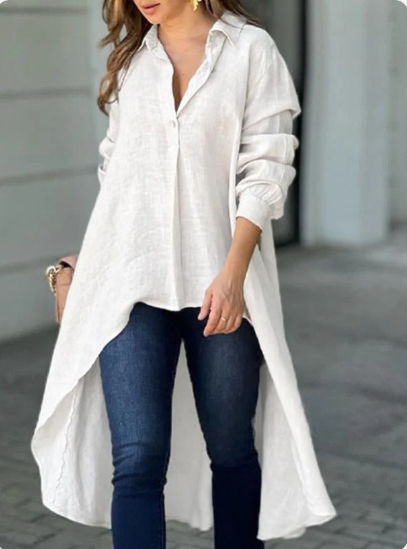 Damen Lässige Langarmbluse mit asymmetrischem Schnitt und Knopfdetails ModeGeist
