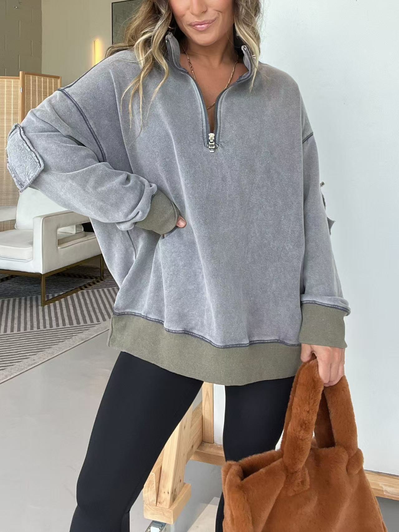 Damen Bequemer Fleece-Pullover mit halbem Reißverschluss ModeGeist