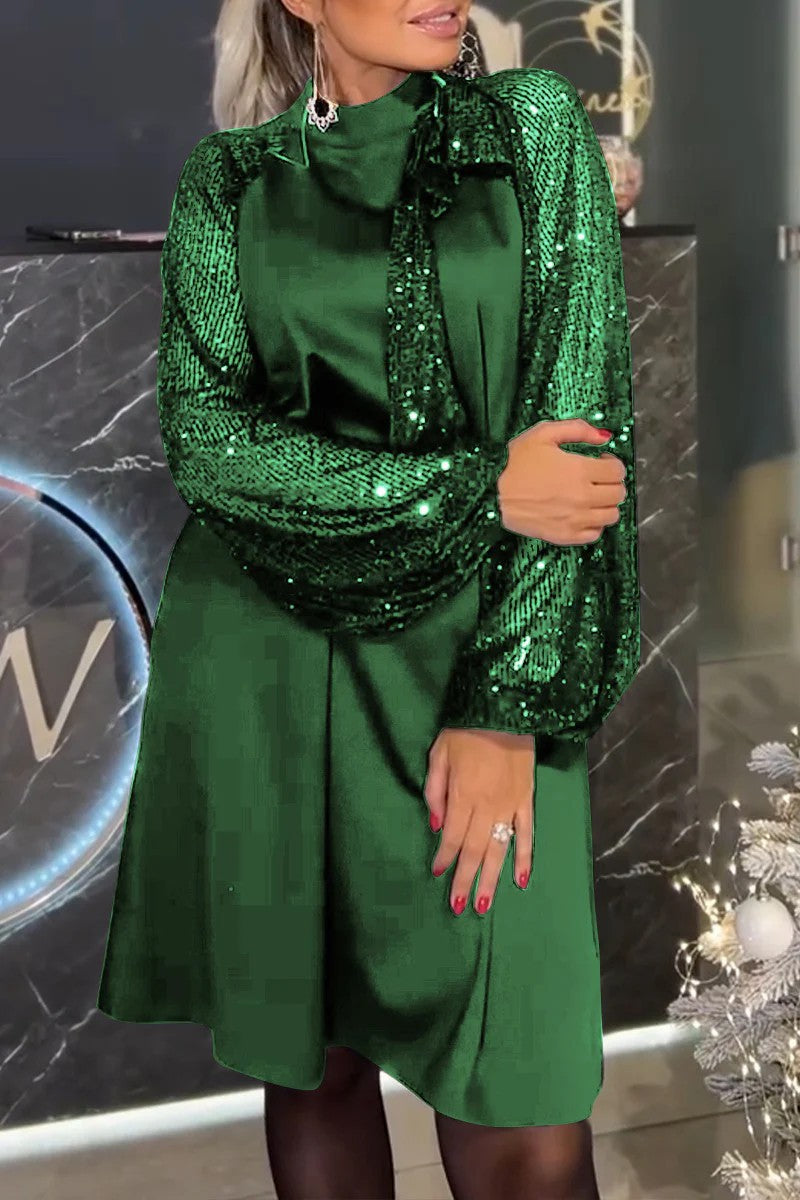 Damen Elegantes Kleid mit glitzernden Ärmeln und festlichem Kragen ModeGeist