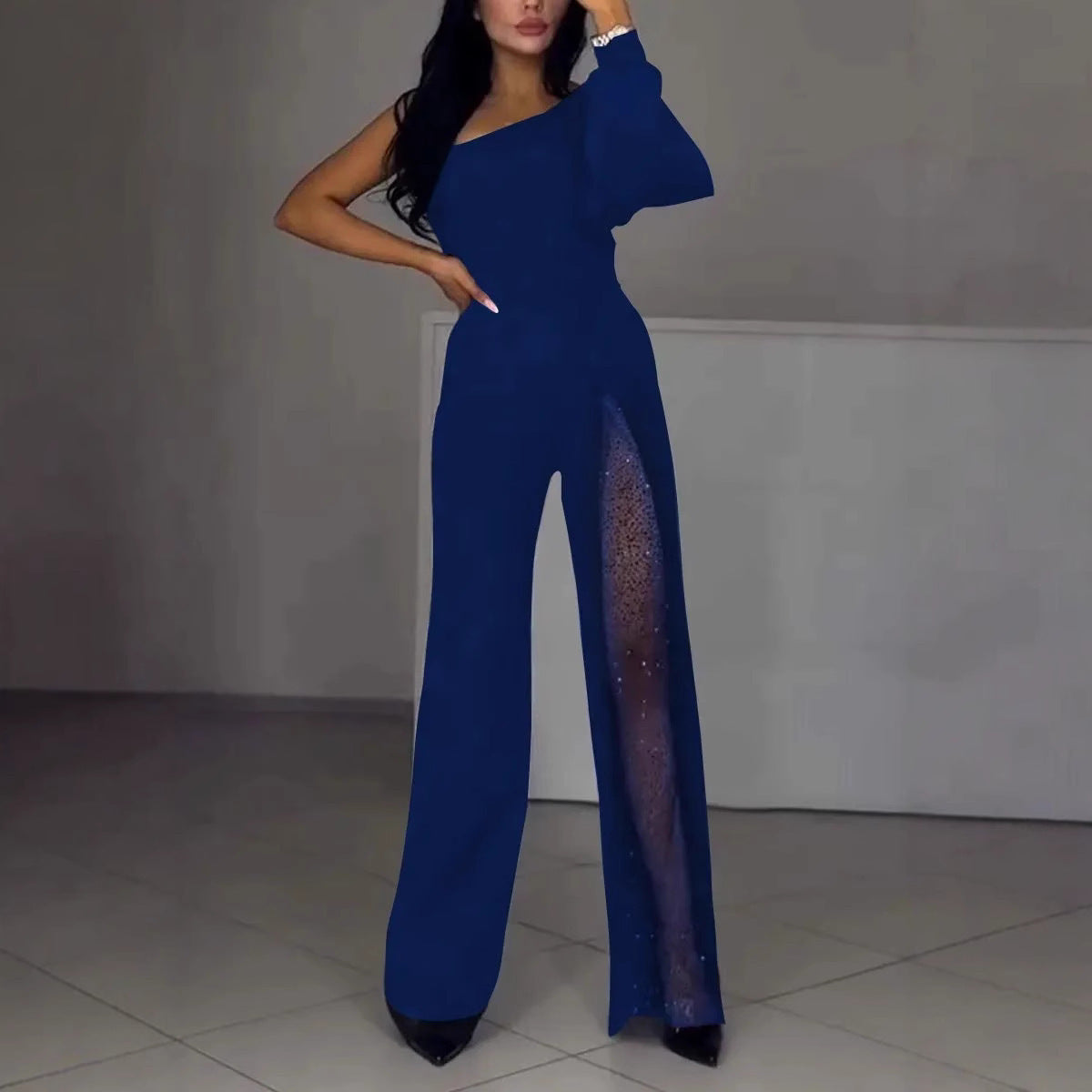 Asymmetrischer einseitiger Damen-Jumpsuit mit Paillettenpanel ModeGeist