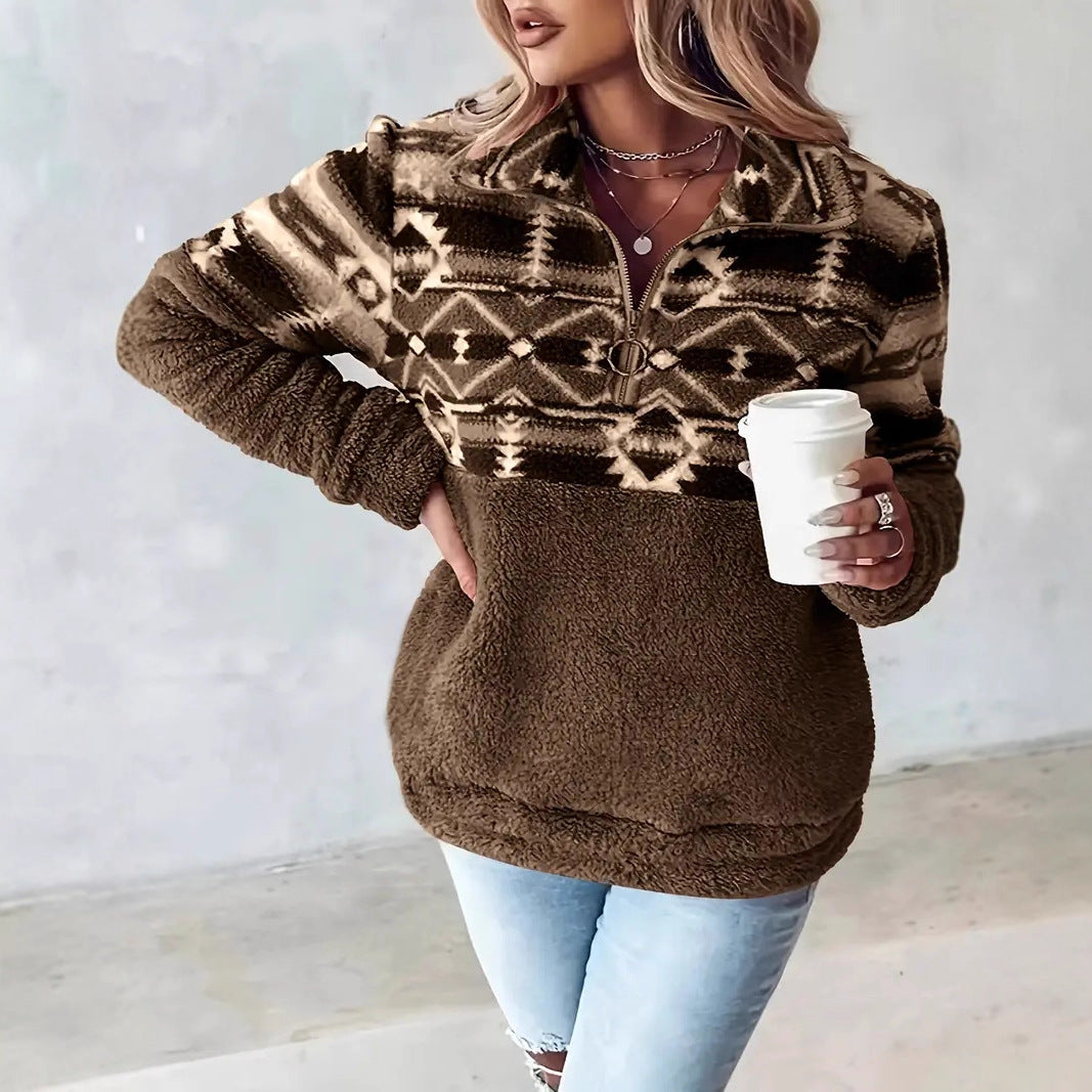 Damen Fleece-Pullover mit modernem Aztekenmuster und Stehkragen ModeGeist