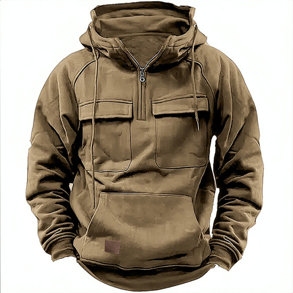 Herren Utility Hoodie mit aufgesetzten Taschen und halbem Reißverschluss ModeGeist