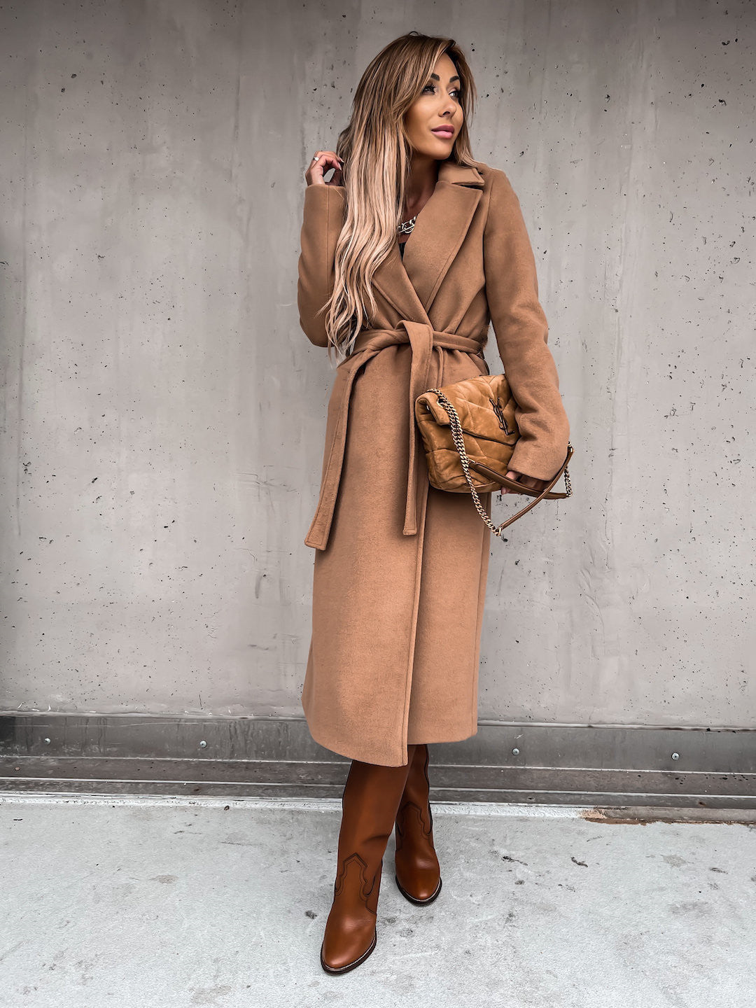 Damen eleganter langärmeliger Wollmantel mit Taillengürtel ModeGeist