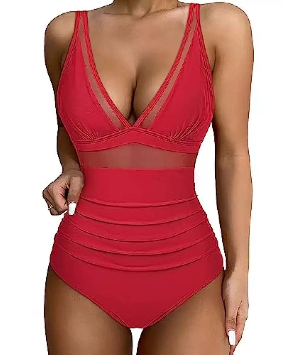 Modischer Damen-Bikini mit hohem Bund, Mesh-Einsätzen und tiefem Ausschnitt