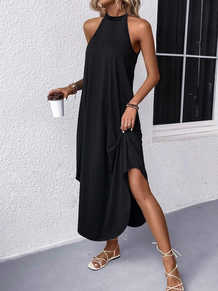 Damen lässiges Sommermaxikleid mit elegantem Halternetz und praktischen Taschen ModeGeist