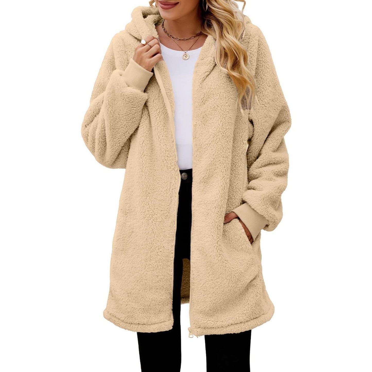 Damen kuschelige Fleecejacke mit Kapuze und seitlichen Eingrifftaschen ModeGeist