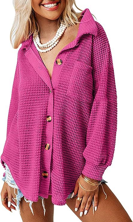 Damen lässige Waffle-Hemdenjacke mit Knopfverschluss ModeGeist