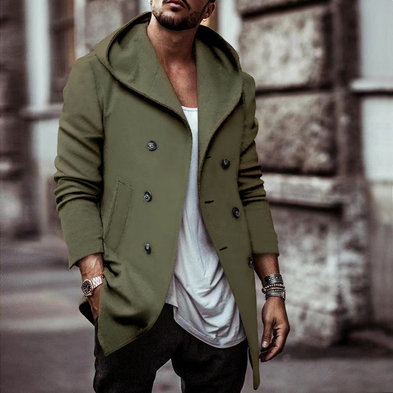Herren stylischer Hoodie-Mantel mit doppelter Knopfreihe und weitem Kragen ModeGeist
