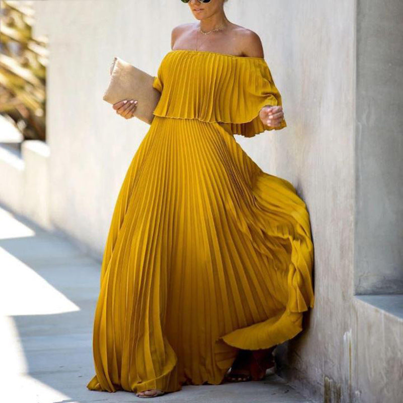 Damen Maxikleid mit asymmetrischem Plisseefall und schulterfreiem Design ModeGeist