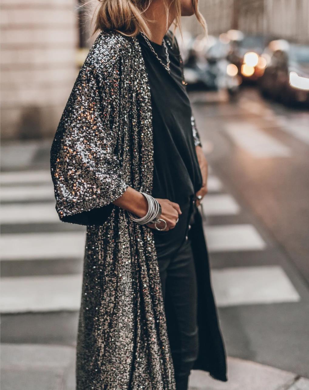 ModeGeist | Viertel Ärmel Party Pailletten Strickjacke Jacke