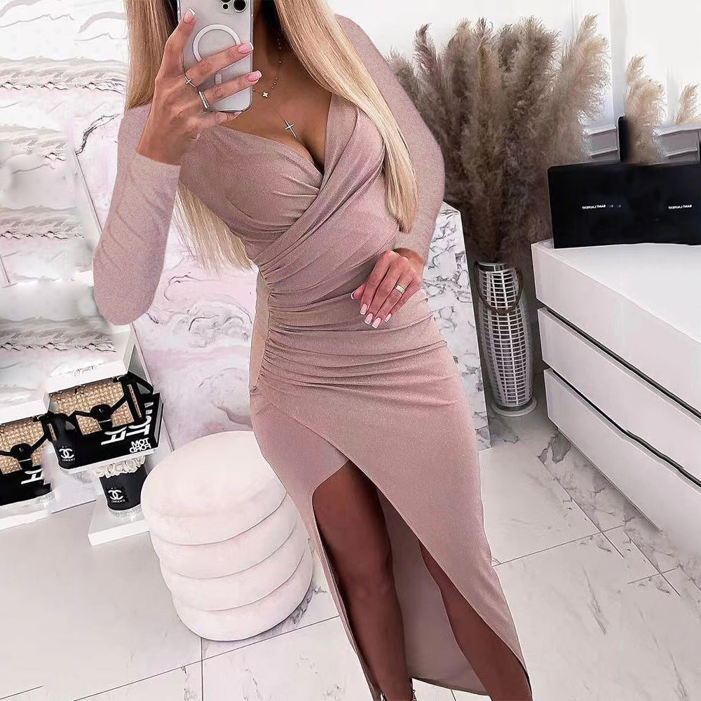 Damen elegantes Wickelkleid mit langen Ärmeln und Seitenschlitz ModeGeist