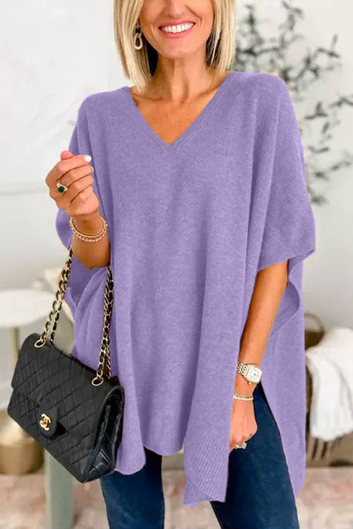 Damen lässiger Strickponcho mit V-Ausschnitt und überschnittenen Ärmeln ModeGeist