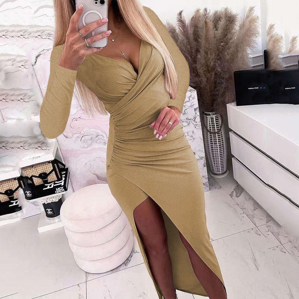 Damen elegantes Wickelkleid mit langen Ärmeln und Seitenschlitz ModeGeist