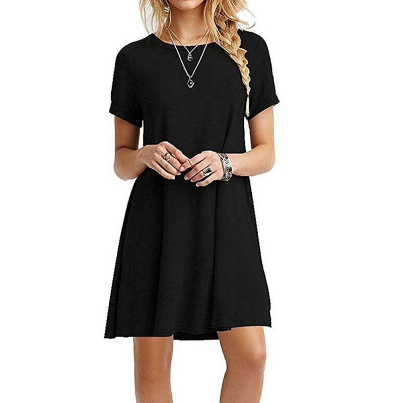 Damen locker fallendes Freizeitkleid mit Rundhalsausschnitt und kurzen Ärmeln ModeGeist
