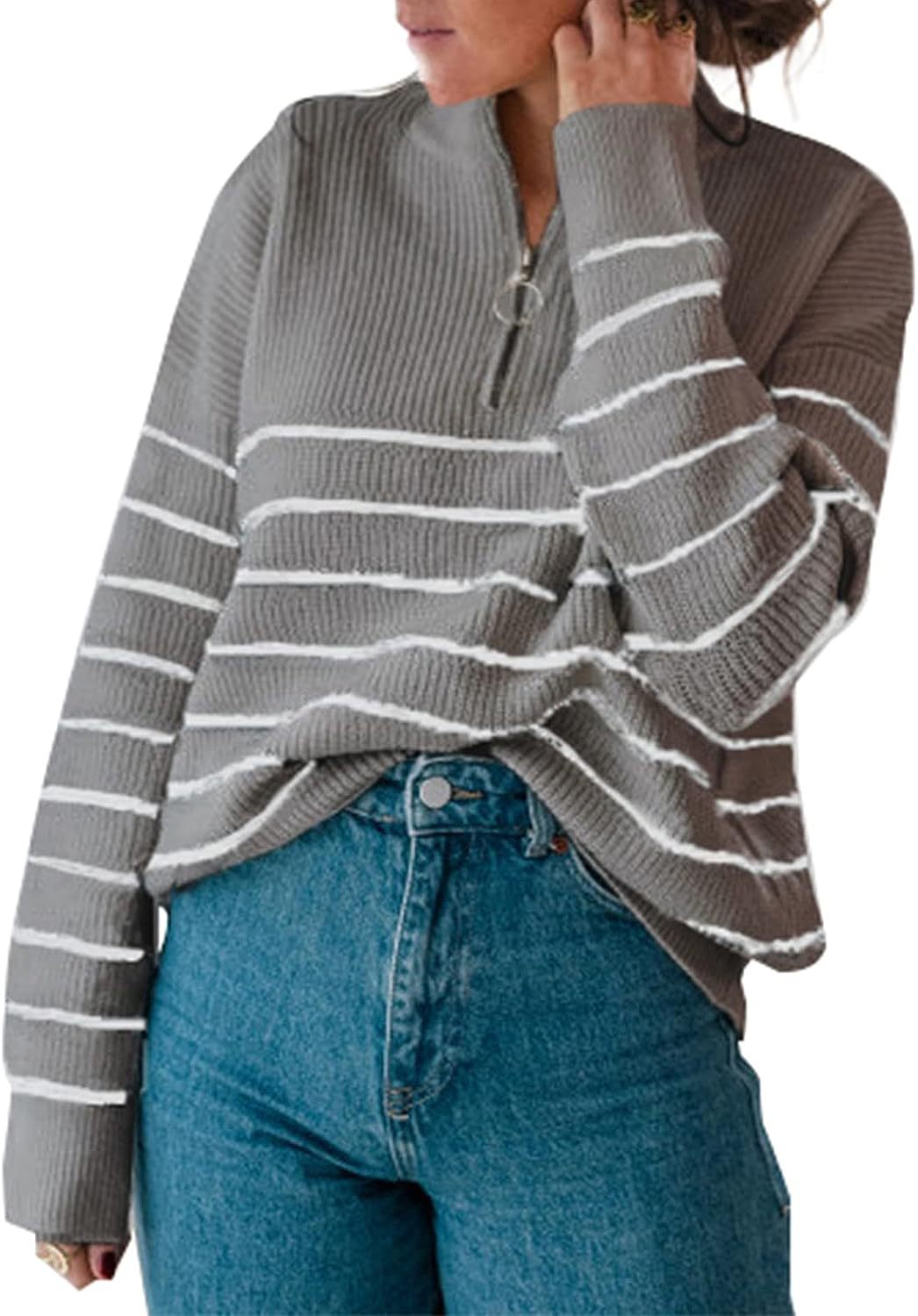 Damen lässiger Pullover mit kurzem Reißverschluss und Streifenmuster ModeGeist