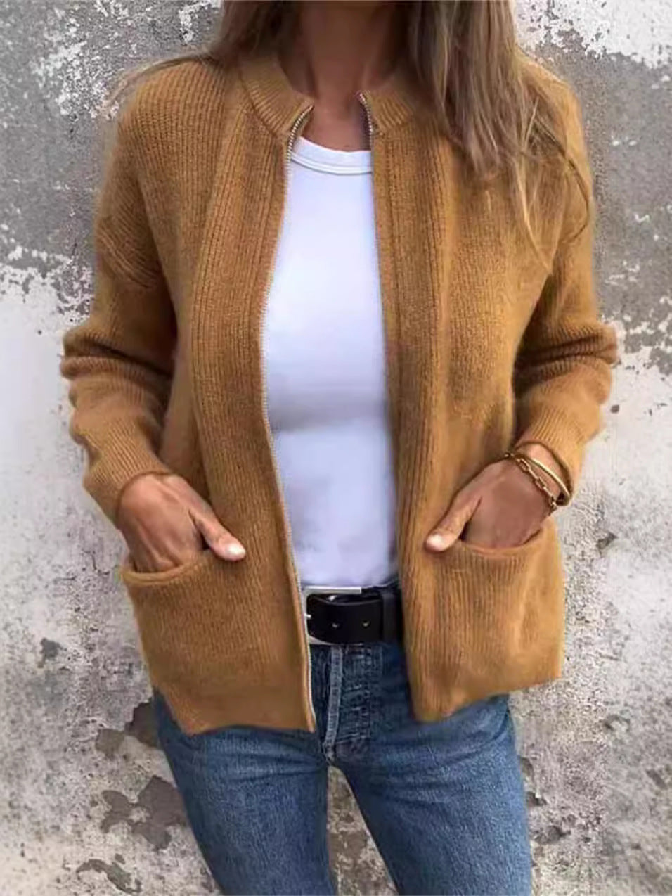 ModeGeist | Reißverschlussjacke - Lockere Passform - Rippstrick - Stehkragen - Lässige Taschen