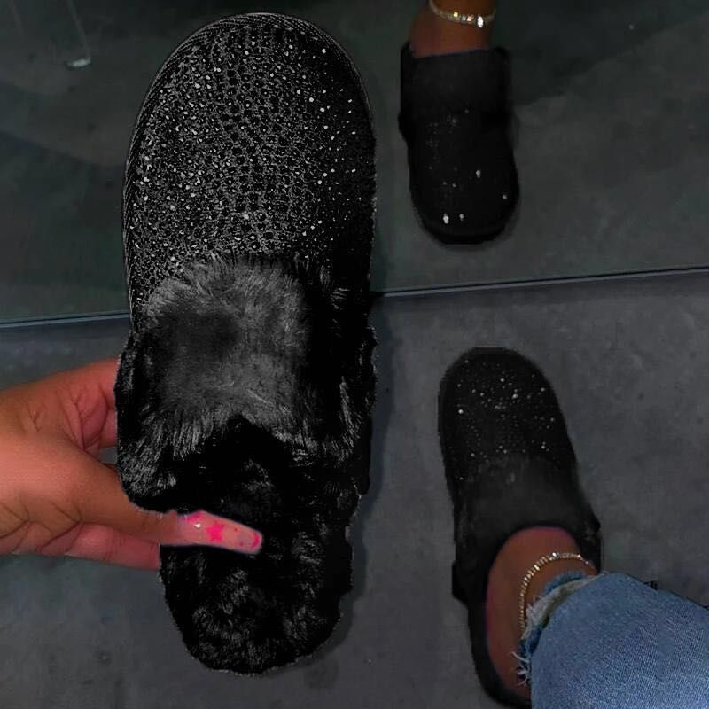 Damen Glamouröse Hausschuhe mit Glitzer und weichem Fell ModeGeist