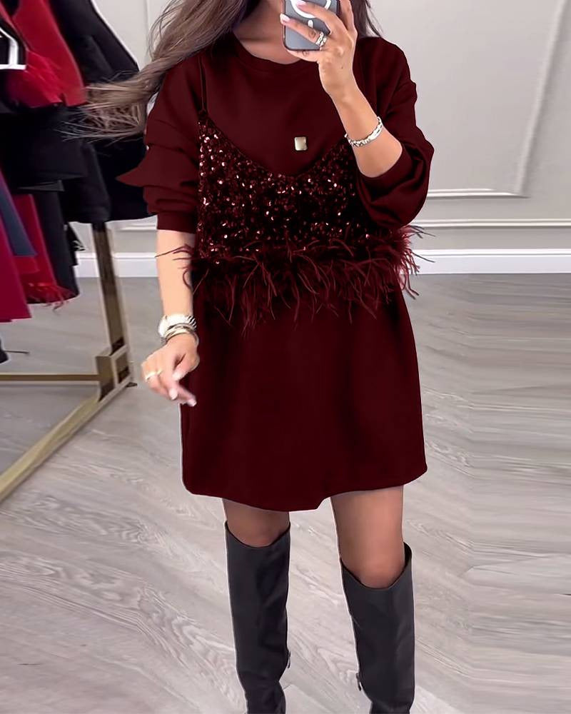 Modisches Damen Freizeitkleid mit Glitzeroberteil und Fransen