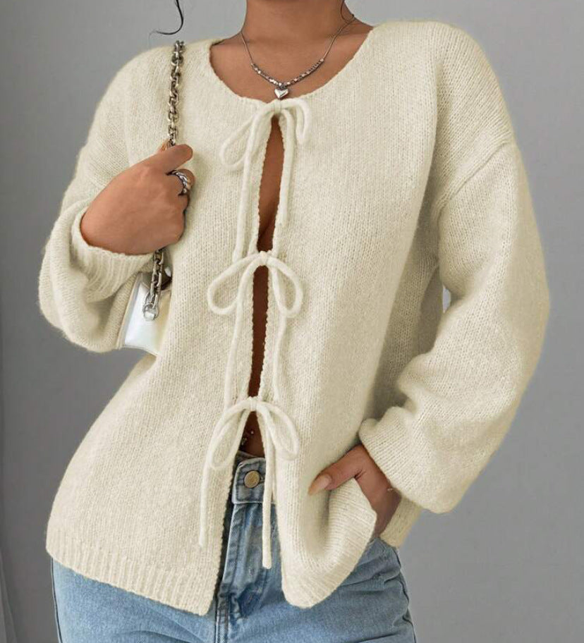 Damen Oversized Strickpullover mit dekorativem Schnürdetail ModeGeist