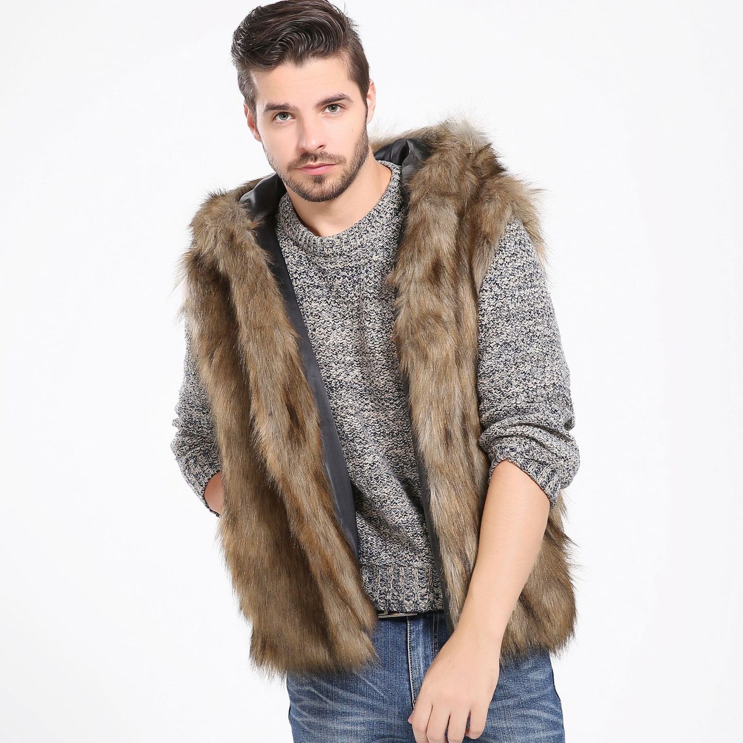 Herren Elegante Kunstpelzjacke mit Kapuze und seitlichen Taschen ModeGeist