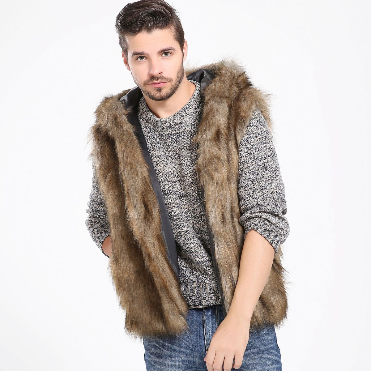 Herren Elegante Kunstpelzjacke mit Kapuze und seitlichen Taschen ModeGeist