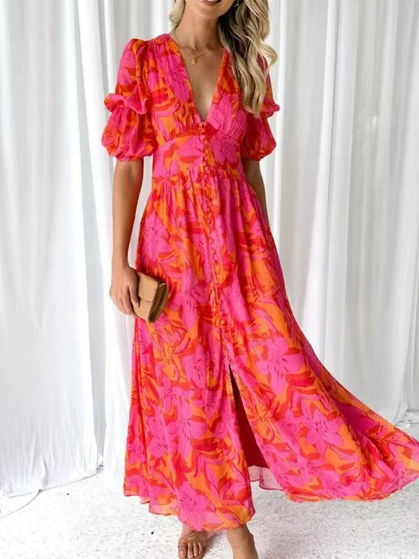 Damen Maxikleid mit Blumenmuster und V-Ausschnitt ModeGeist