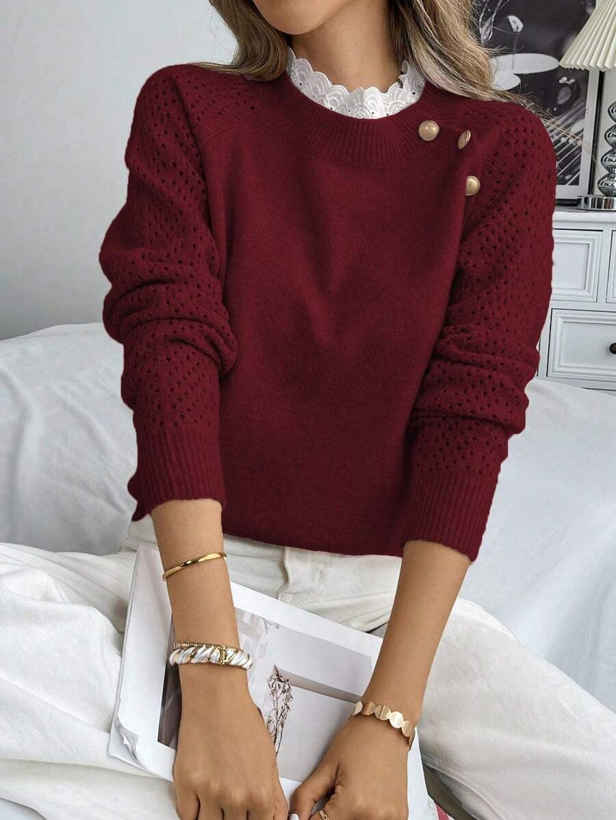 Damen Strickpullover mit dekorativen Knopfdetails und Lochmuster ModeGeist