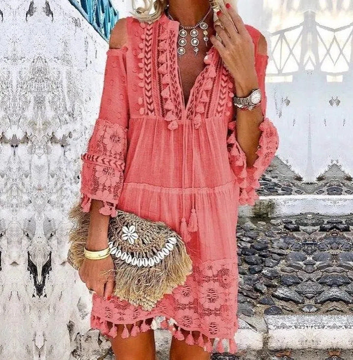 Off-Shoulder Boho Tunic for Women with Lace Details by MODEGEIST