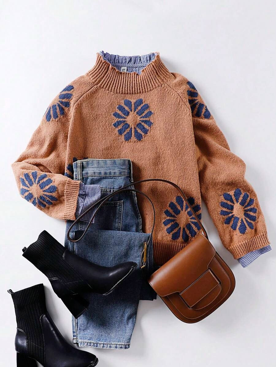Damen Strickpullover mit floralem Motiv und modernem Rundhalsausschnitt ModeGeist
