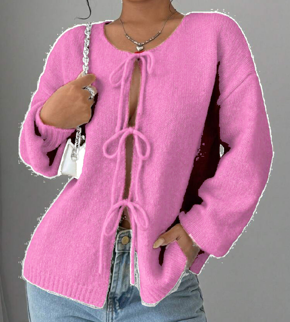 Damen Oversized Strickpullover mit dekorativem Schnürdetail ModeGeist