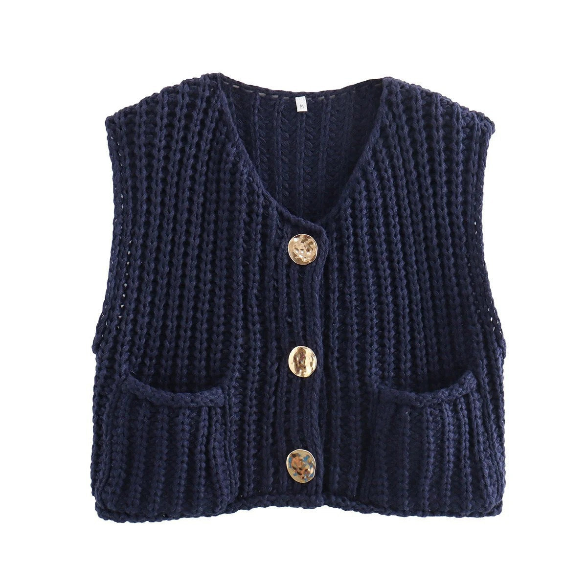 Damen modische Strickweste mit Knopfdetails und aufgesetzten Taschen ModeGeist