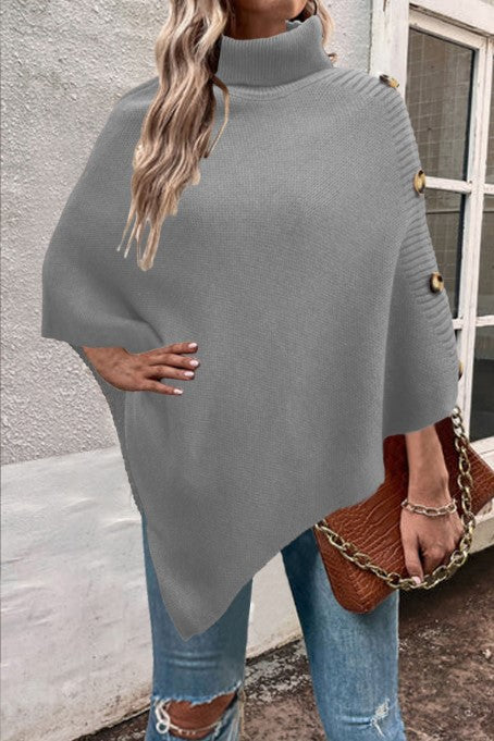 Damen Strick-Poncho mit hohem Kragen und Knopfdetails ModeGeist