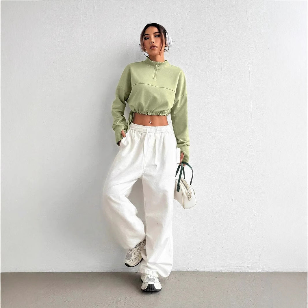 ModeGeist | Crop Pullover Baumwollmischung Bequeme Passform Reißverschlusskragen Ballonärmel