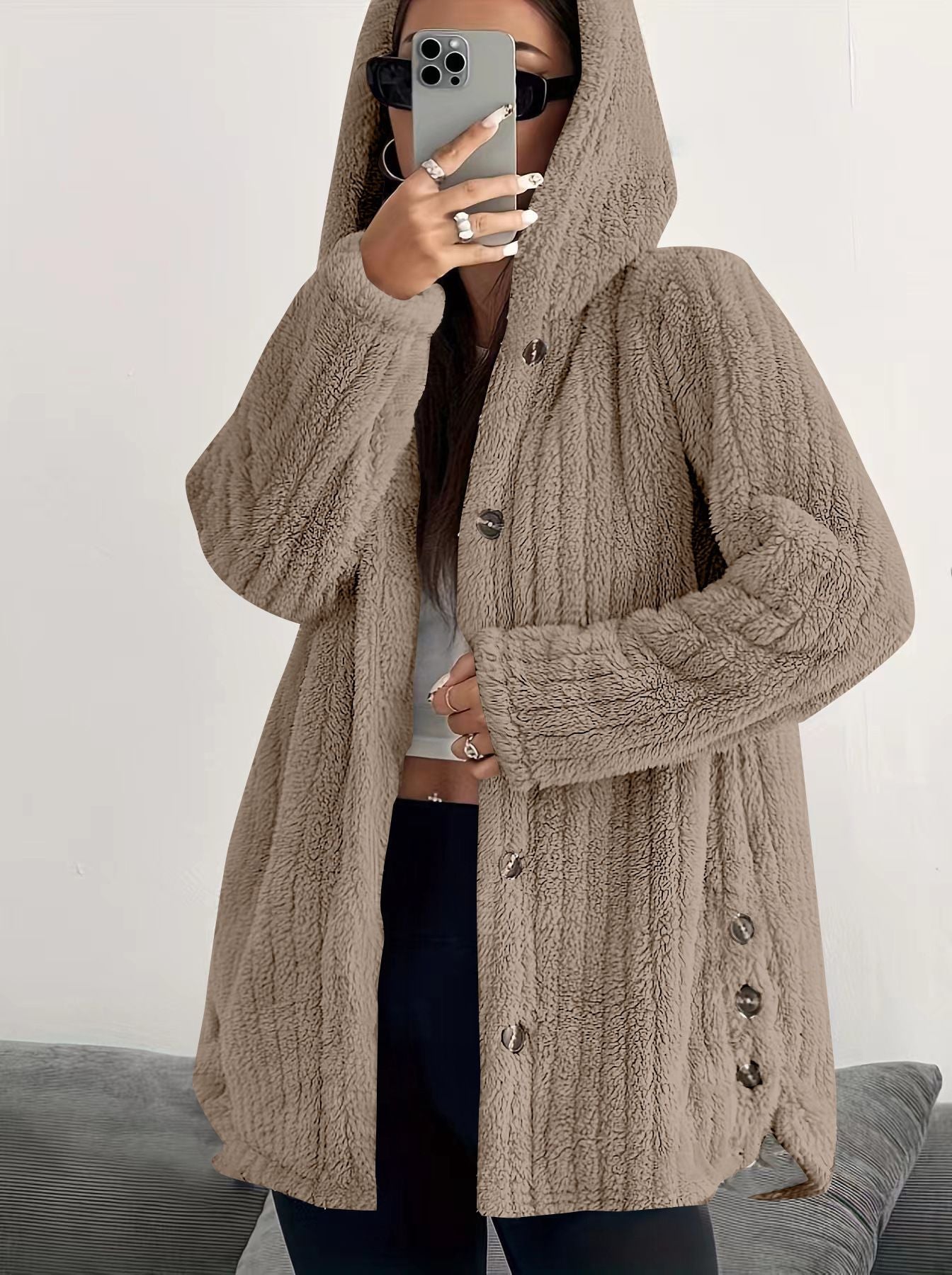 MODEGEIST Damen Kapuzen-Cardigan Lange Ärmel Vordertaschen Winter