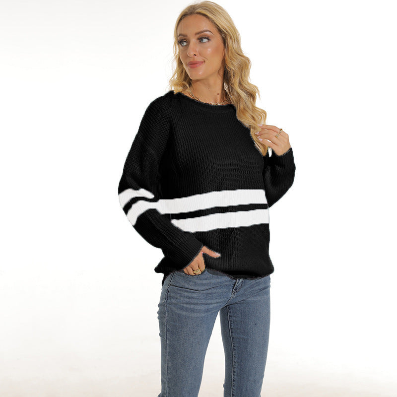 Damen Grobstrickpullover mit sportlichem Streifenmuster und lockerer Passform ModeGeist