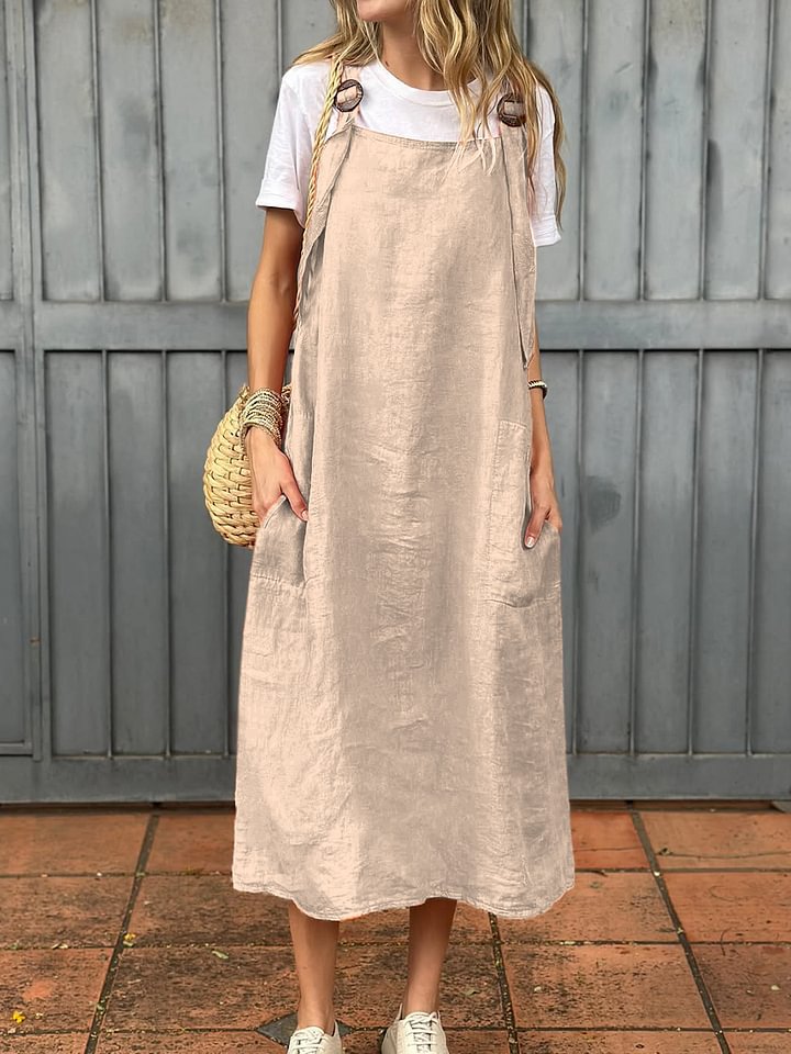 Damen lässiges Leinen-Trägerkleid mit praktischen Taschen ModeGeist