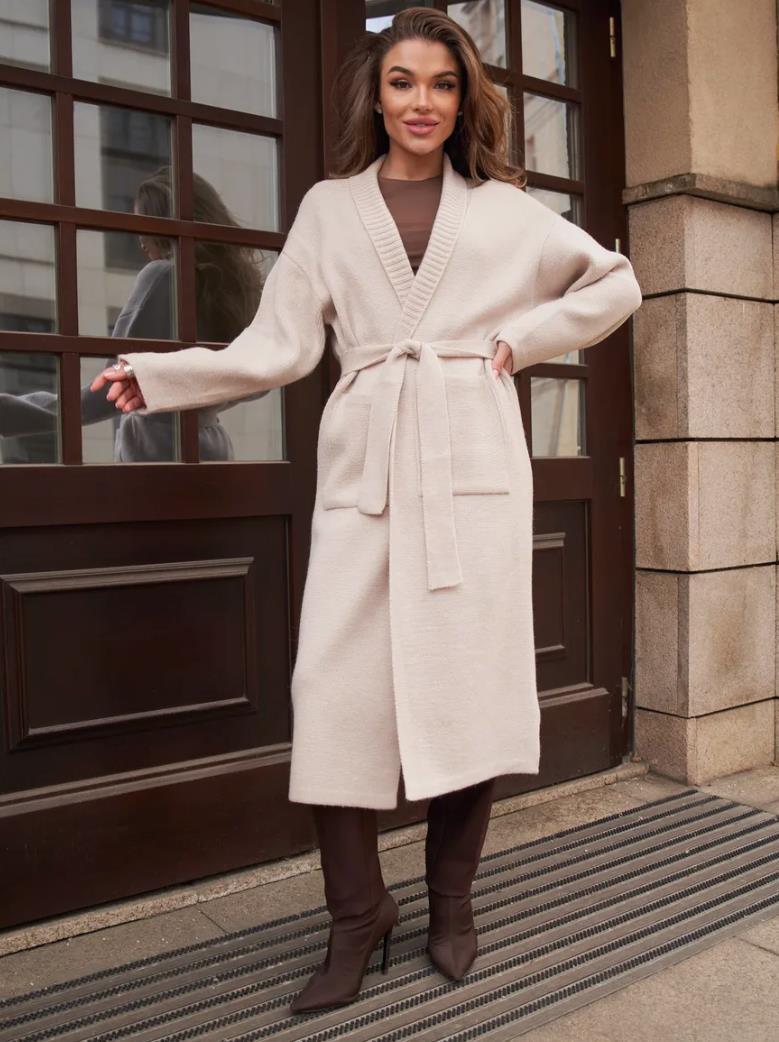 Damen Strickmantel mit Gürtel und praktischen Taschen ModeGeist