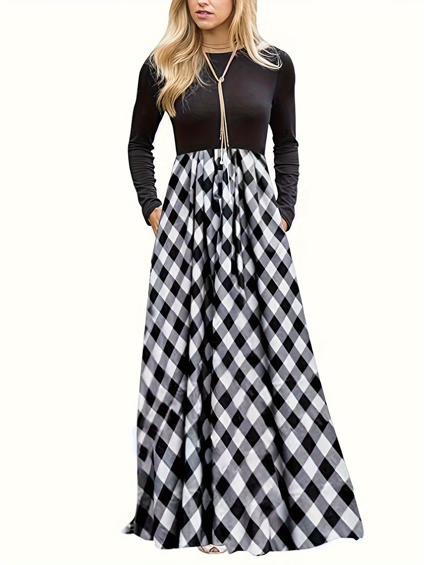 Damen Maxikleid mit modernem Karomuster und langen Ärmeln ModeGeist