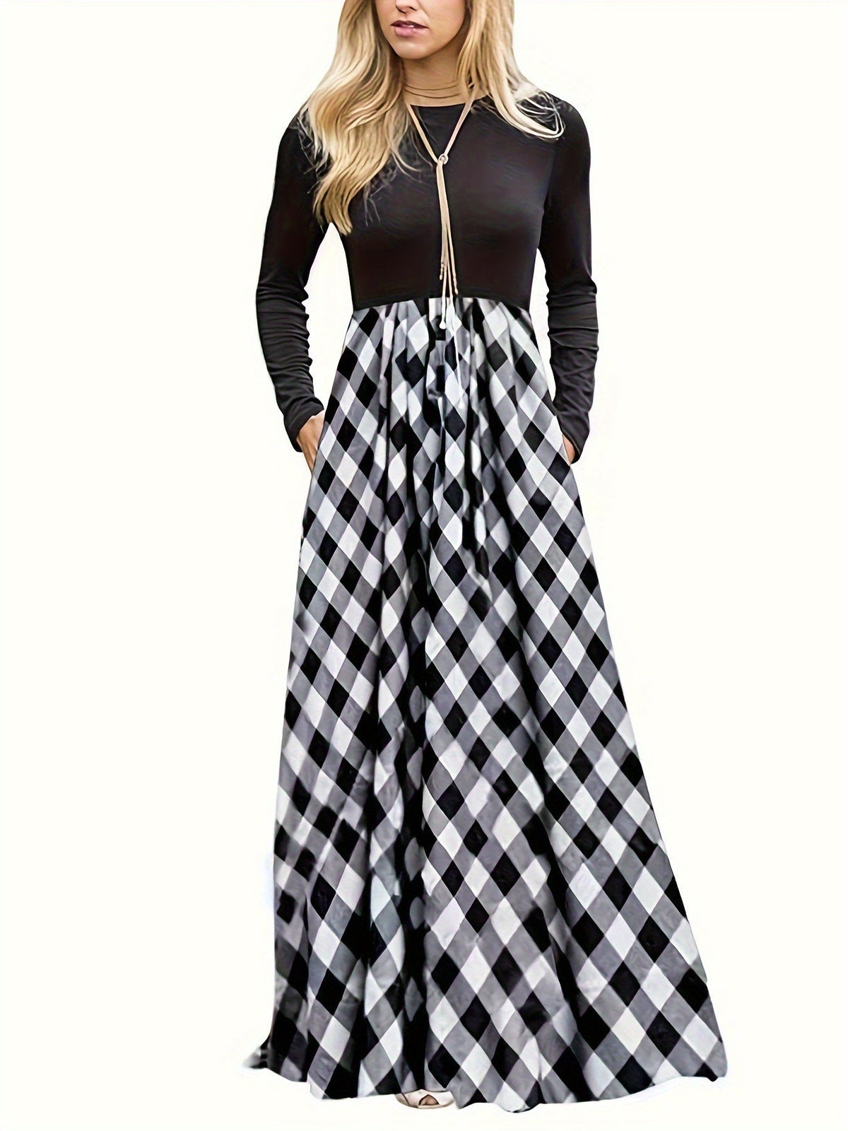 Damen Maxikleid mit modernem Karomuster und langen Ärmeln ModeGeist