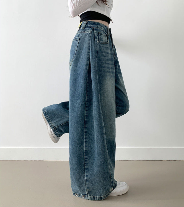 Damen Weite High-Waist Denim-Hose mit Faltenwurf ModeGeist