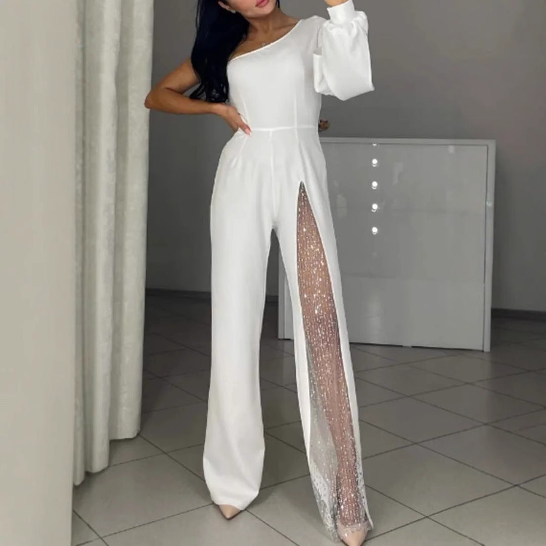 Asymmetrischer einseitiger Damen-Jumpsuit mit Paillettenpanel ModeGeist